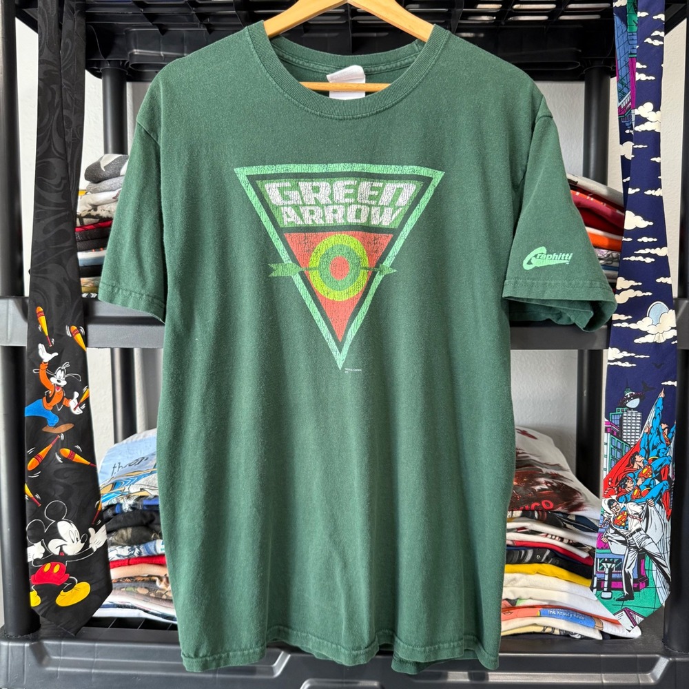 Vintage Green Green Arrow Graphitti DC Comics T-Shirt Size Large Light Fading